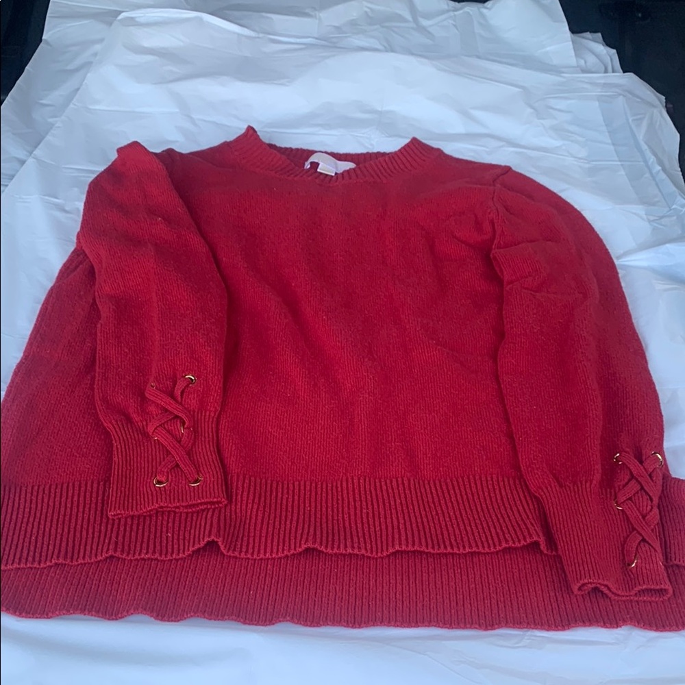 - Michael Kors Red Crew Neck Sweater with Criss-Cross Sleeves